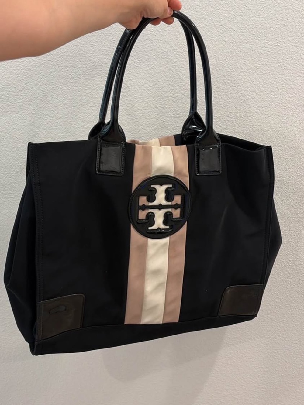 Tory Burch Black Tote with Cream and Blush Pink Center Stripe